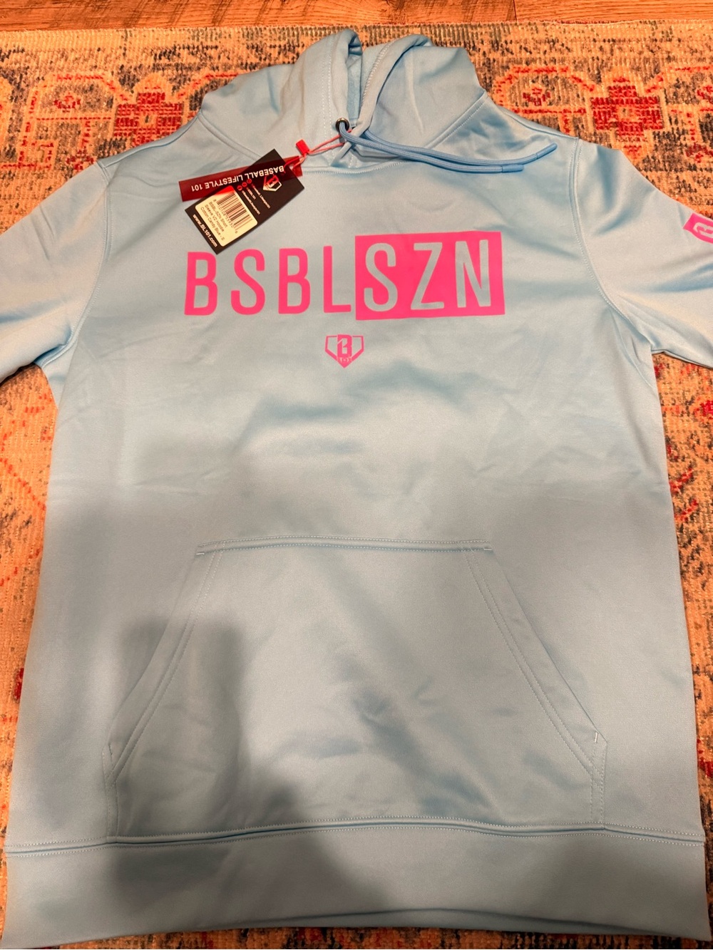 Baby blue Adult S Baseball Lifestyle Short Sleeve Hoodie with Pink Logo